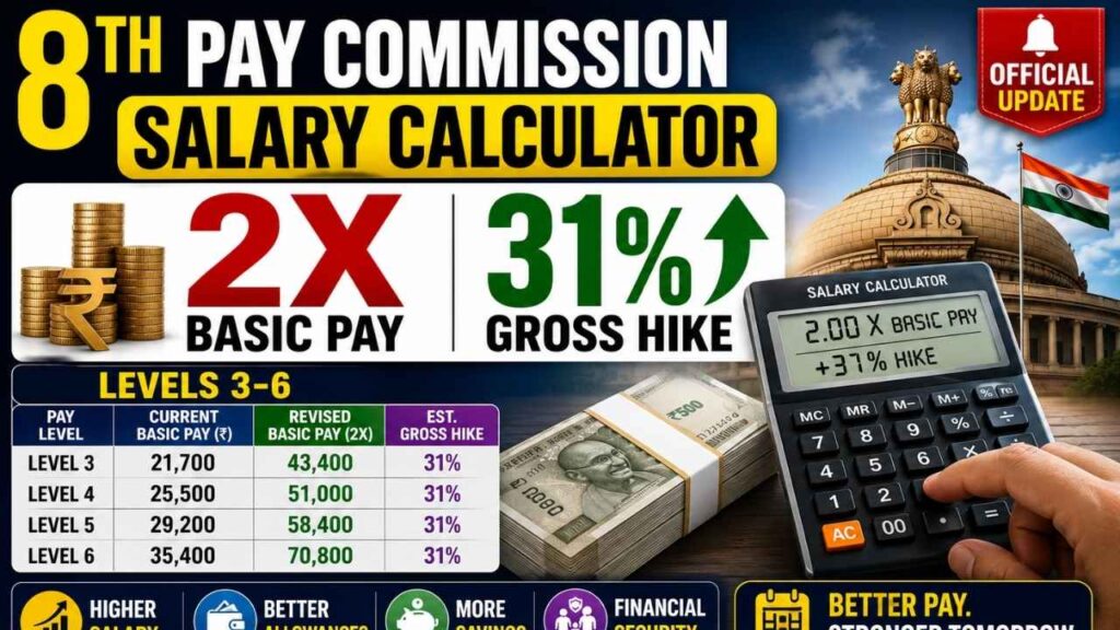 8th Pay Commission Salary Calculator: 2X Basic Pay, 31% Gross Hike Levels 3‑6